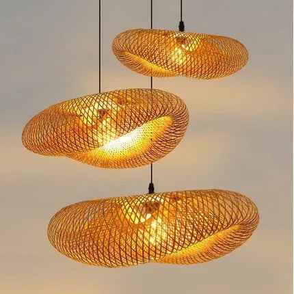 Bamboo straw hat-shaped hanging pendant light with natural rattan weave in 40cm or 50cm diameter options
