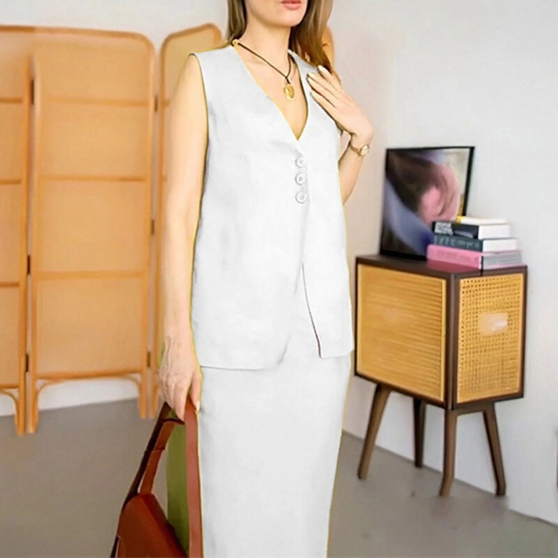 Women's casual two-piece suit with sleeveless top and long skirt in polyester fabric