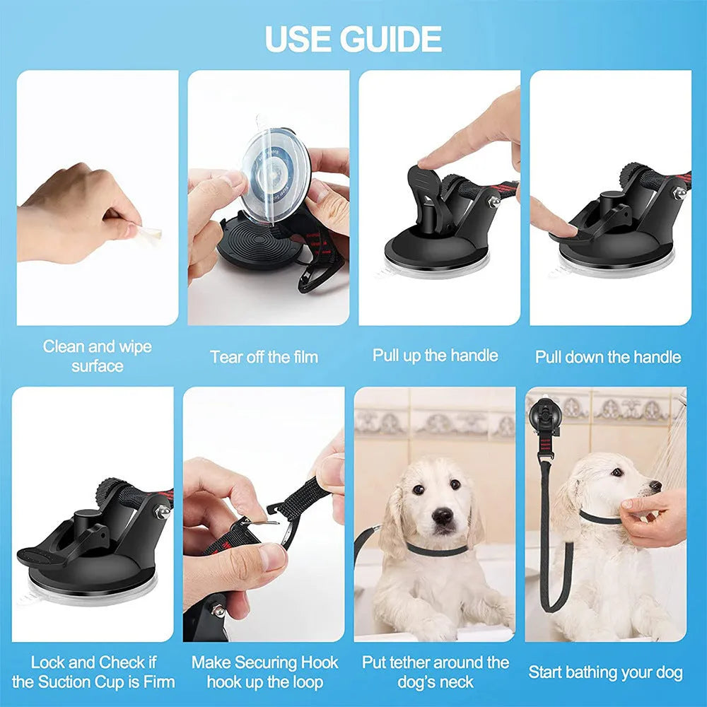 Pet bathing restraint system with suction cups and handcuffs for secure bath time control