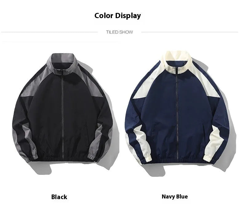 Men's black casual polyester jacket with contrast stitching and side seam pockets.