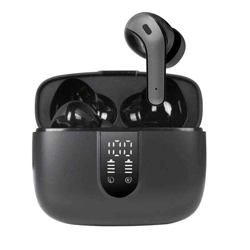 Jerry X08 wireless Bluetooth headphones with digital display, in-ear subwoofer design, and charging case