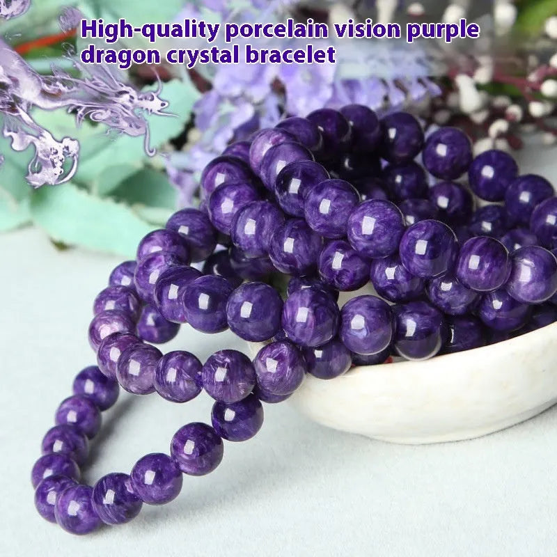 Natural purple charoite crystal bracelet with platinum tone metal chain, showing four bead size options.