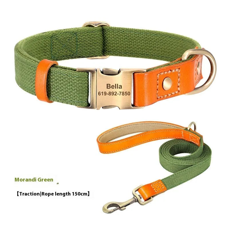 Small dog mohair collar and lead set in green with lettering, shown with sizes XS, S, M.