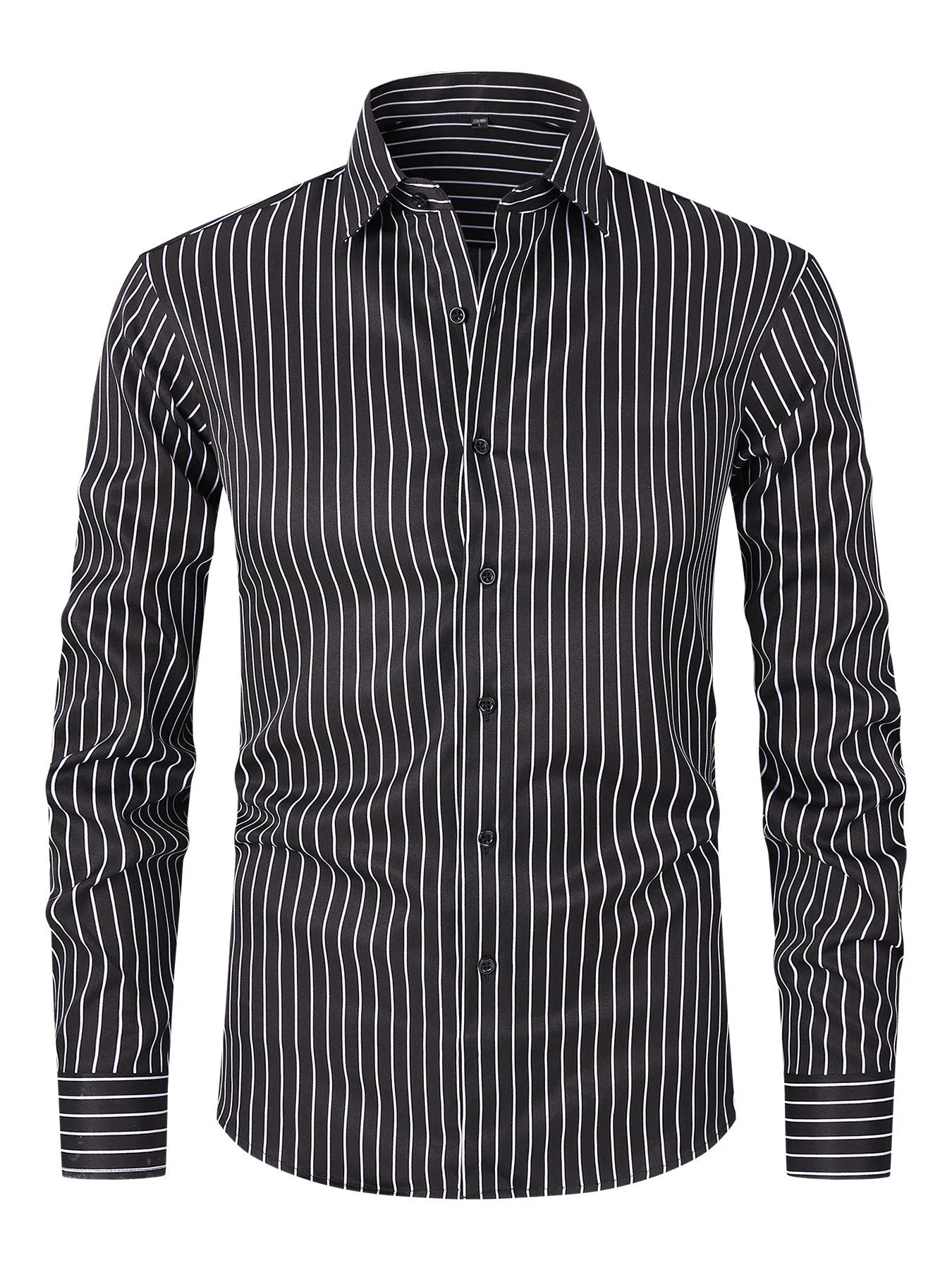 Men's striped ice silk polyester business shirt with slim fit on Asian mannequin showing XXS to XL sizing