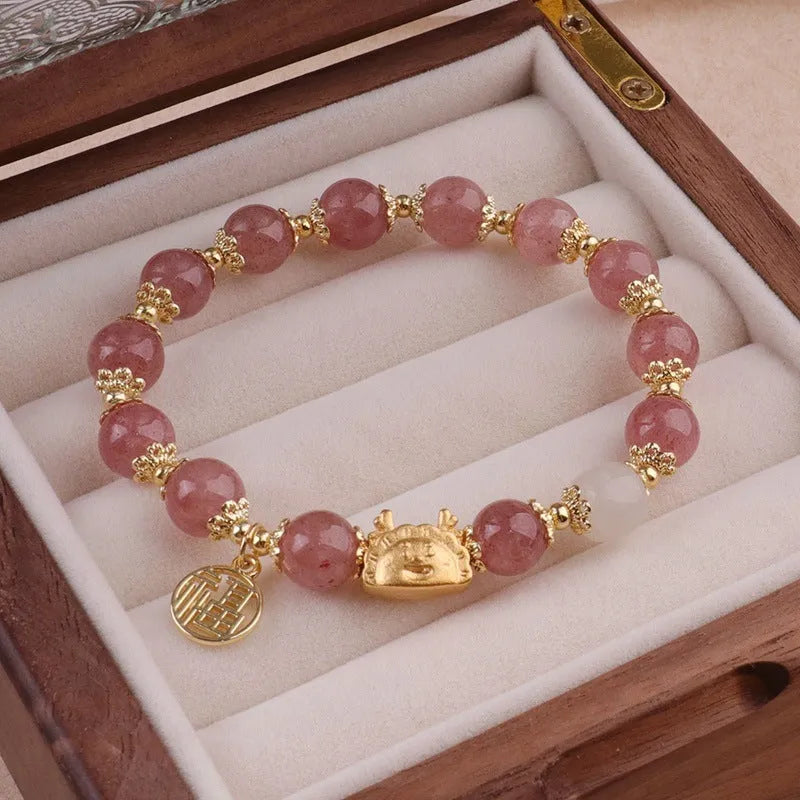 Women's floral glazed bracelet with zodiac animal beads in red, pink and white pearl colour options