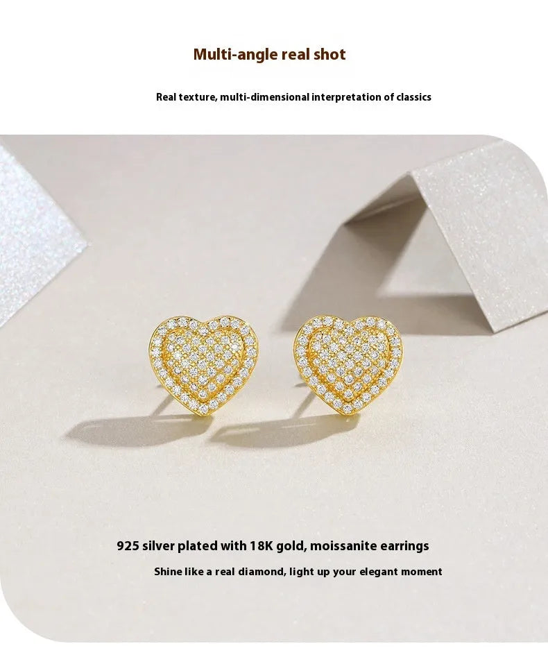 S925 silver moissanite heart-shaped stud earrings shown in gold plating