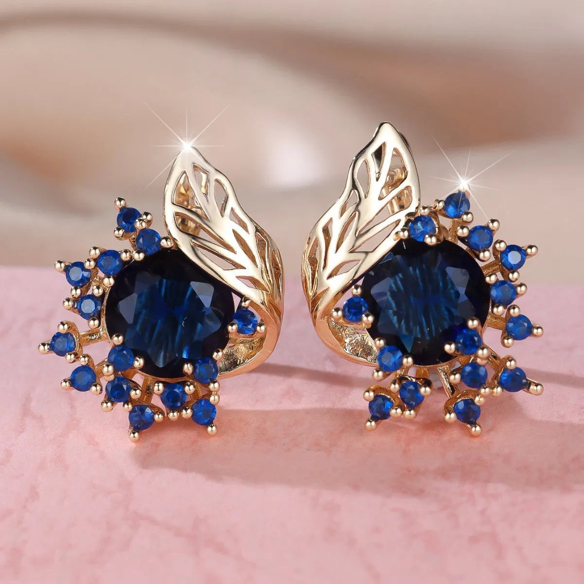 Round flower feather zircon drop earrings in champagne gold with six colour options