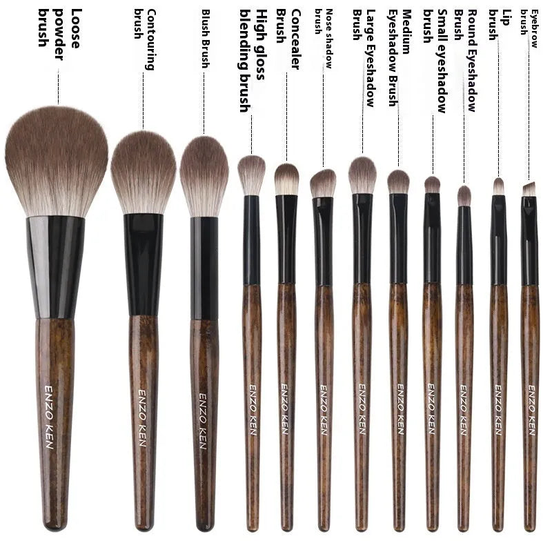 12-piece makeup brush set with wooden handles in a black PU carrying case, including a powder foundation brush.
