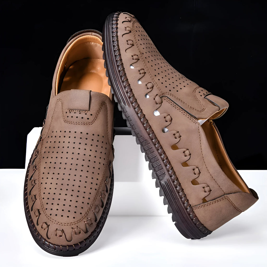Men's brown slip-on casual shoes with round toe cap and hollowed-out sewing line detailing