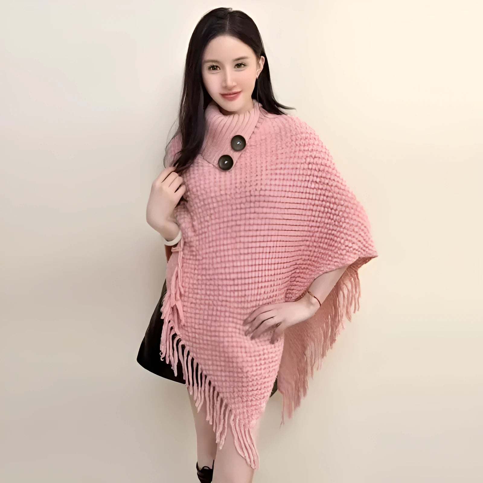 Women's triangle shawl cape in plush cashmere-acrylic blend with tassel detailing