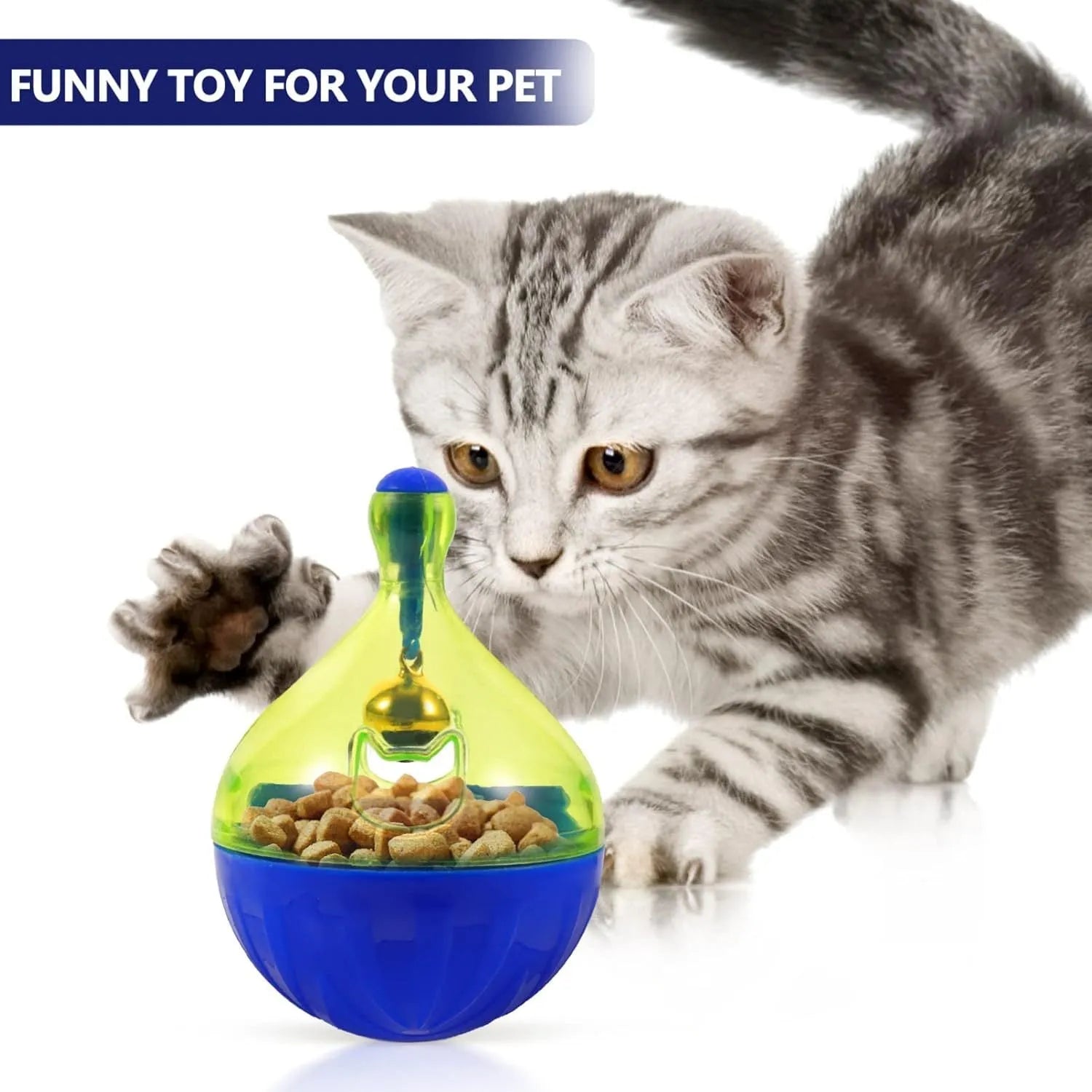 L-size interactive pet treat dispenser ball for dogs and cats, showing tumbler design with treat openings.