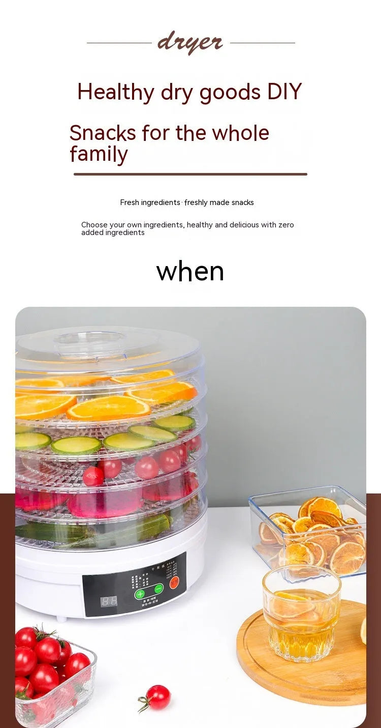 White five-tray food dehydrator with UK plug on kitchen countertop