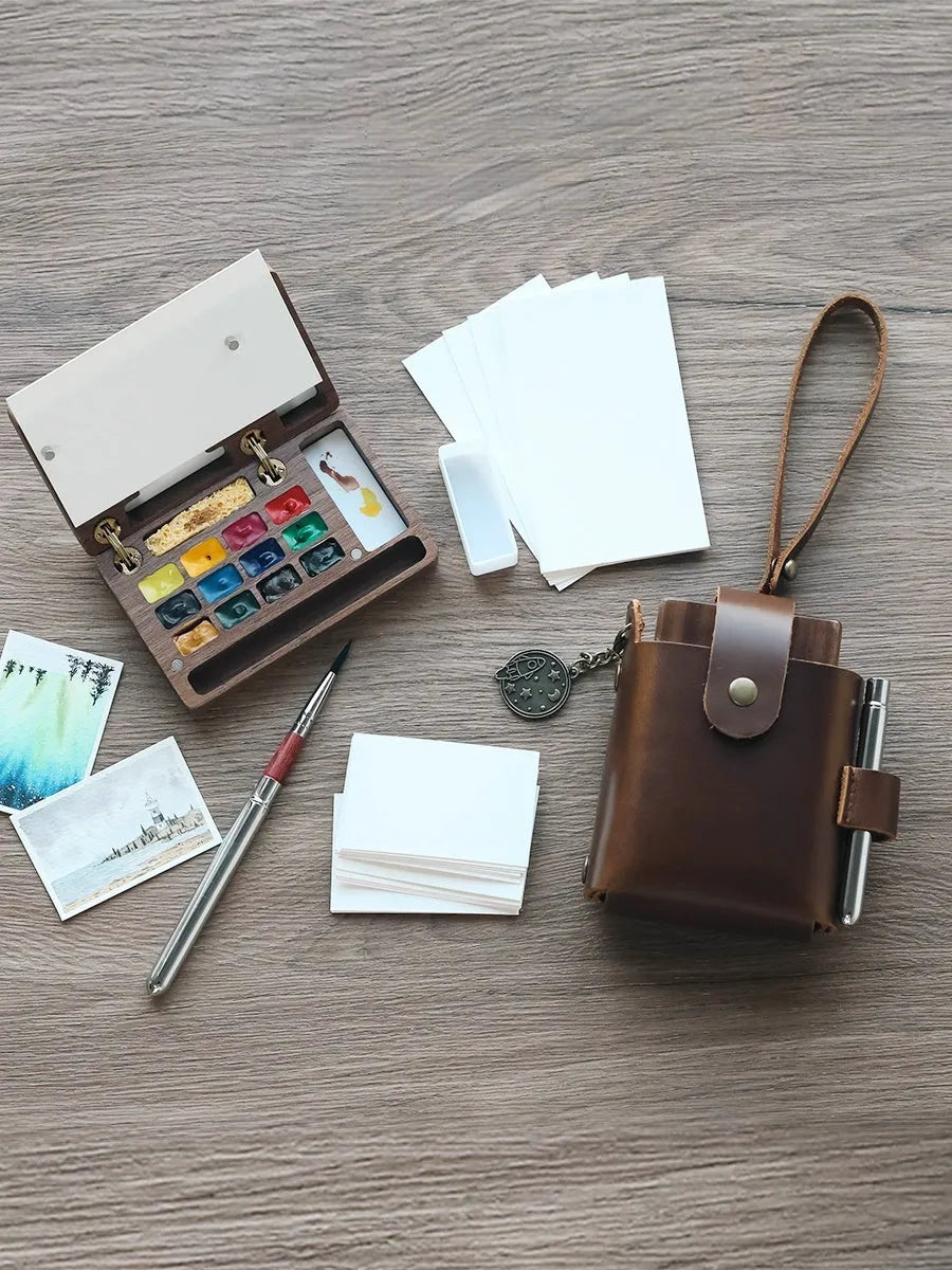 Mini walnut wooden watercolour paint box with included professional paint set for portable art supplies