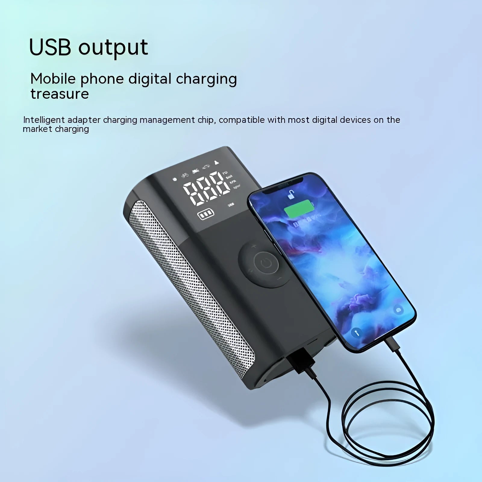 Wireless handheld digital display air pump with LED light and various nozzle attachments on a grey background.