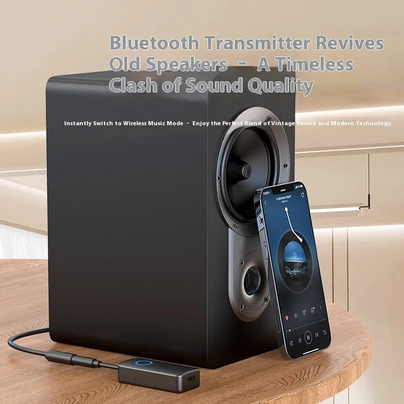 Black Bluetooth 5.4 audio adapter with flexible 3.5mm plug for wireless streaming to car stereos and speakers