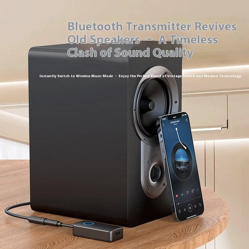 Black Bluetooth 5.4 audio adapter with flexible 3.5mm plug for wireless streaming to car stereos and speakers