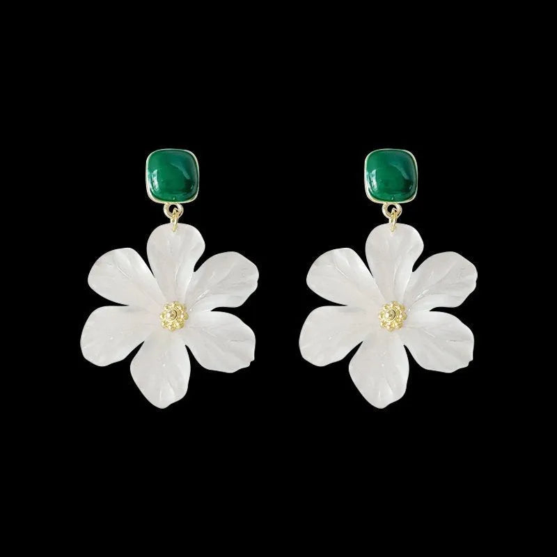 Dark green alloy needle flowers sweet earrings with drop style dangle design