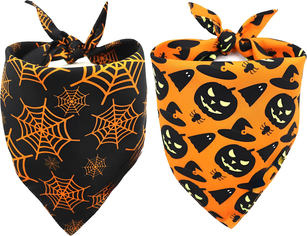 Black and orange reversible Halloween dog bandana with pumpkin and spider web patterns showing adjustable closure