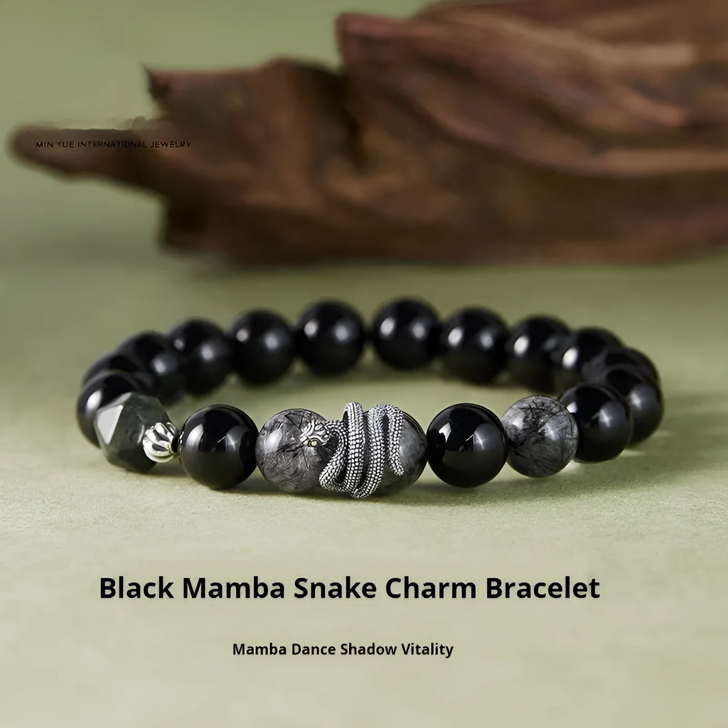 Men's S925 sterling silver snake year bracelet with 10mm black obsidian crystal and retro zodiac design