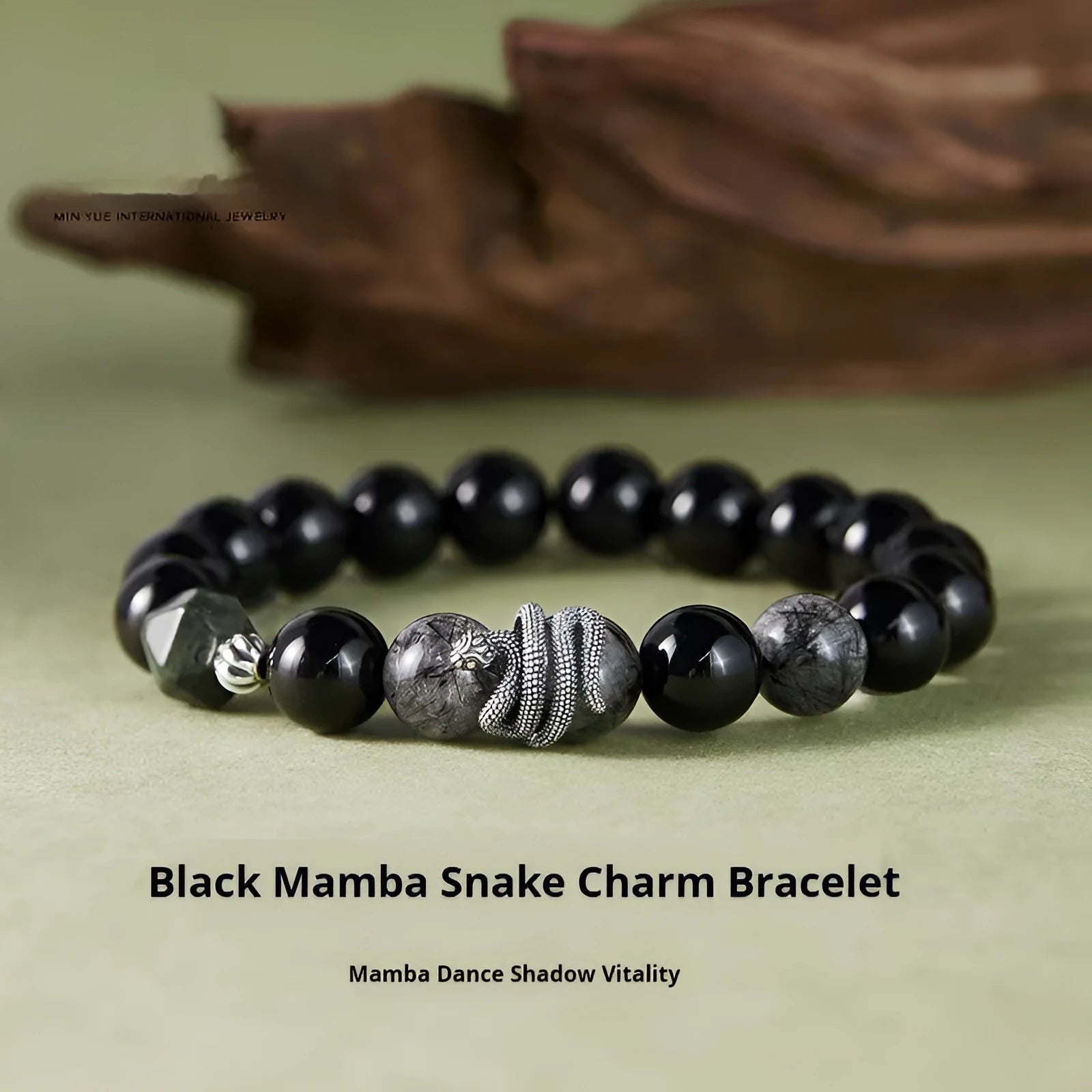 Men's S925 sterling silver snake year bracelet with 10mm black obsidian crystal and retro zodiac design