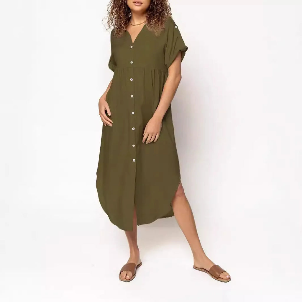 Women's loose-fit mid-length casual dress with button front in a solid colour.