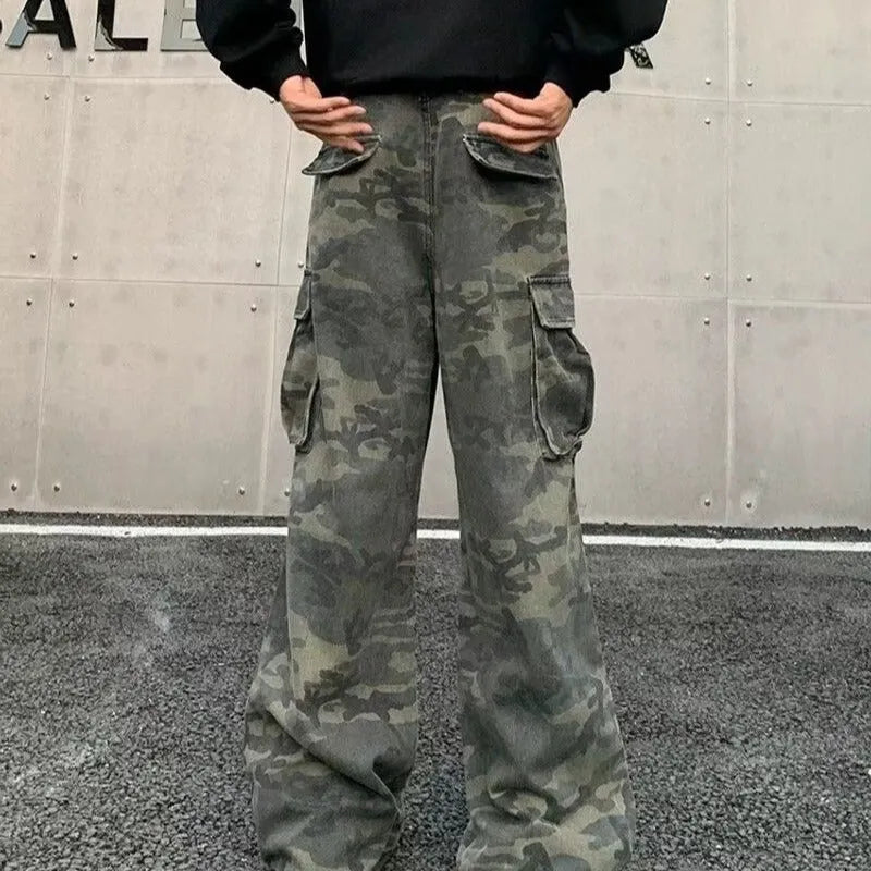 Korean style washed camouflage cargo pants with multiple pockets and mid waist design