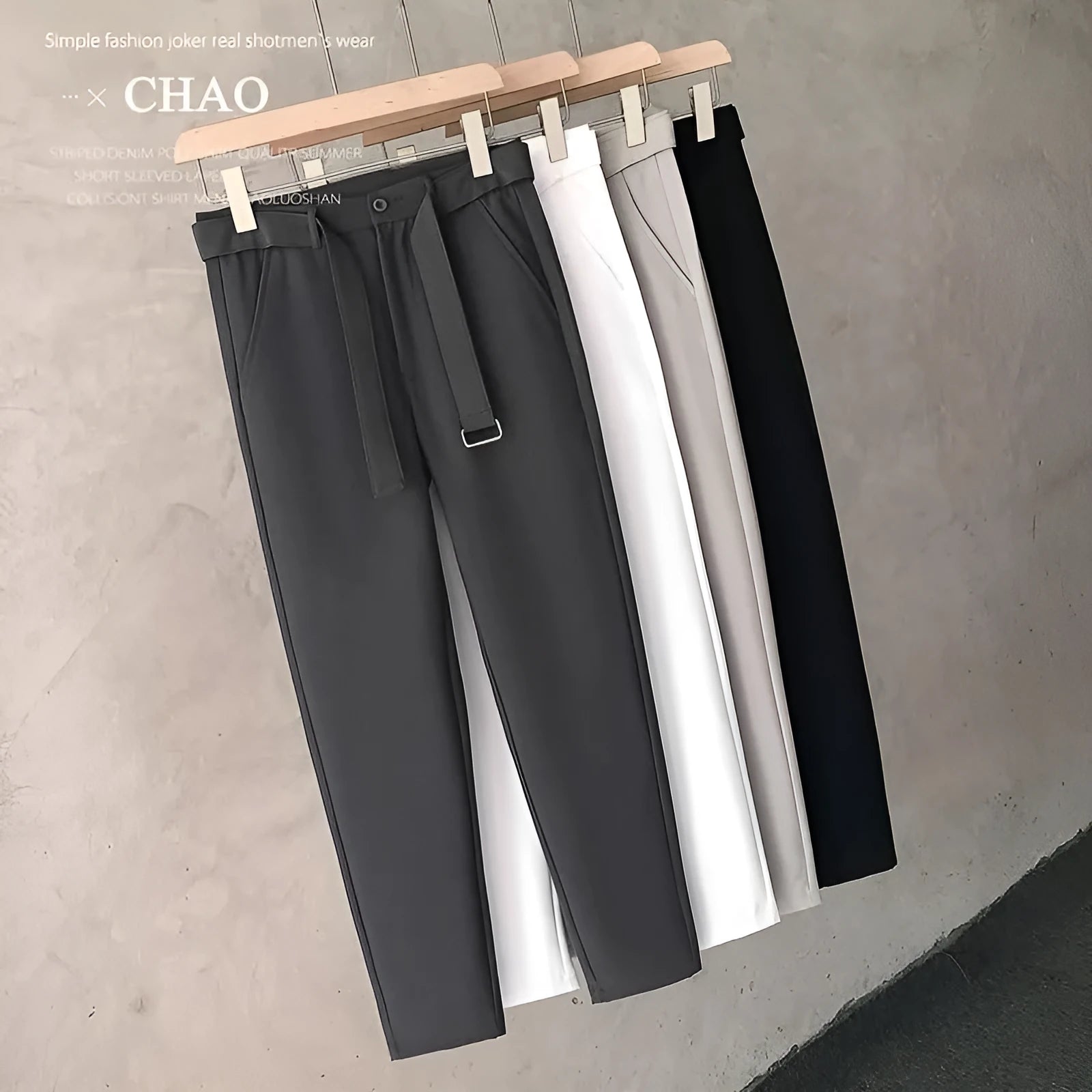 Boys slim straight wool trousers in business casual style with tapered fit and matching belt