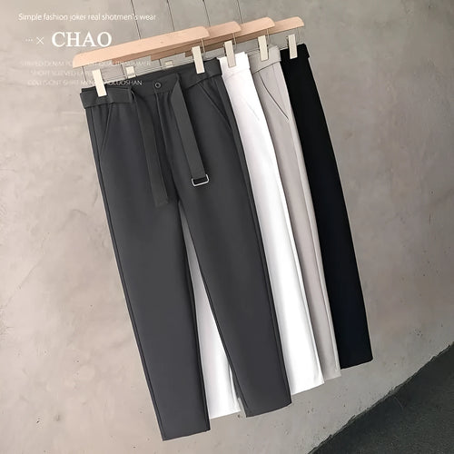 Boys slim straight wool trousers in business casual style with tapered fit and matching belt