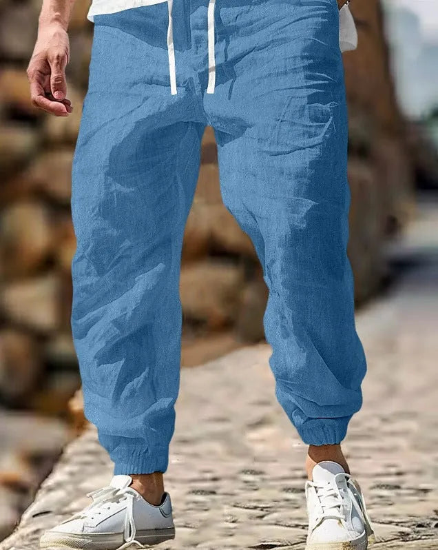 Men's straight-leg cotton linen trousers with elastic waistband in army green colour