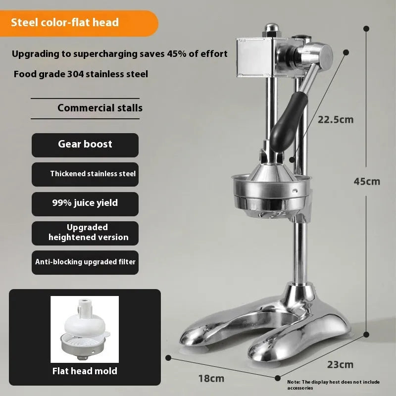 Vertical stainless steel manual juicer on zinc alloy base, showing colour and head style options.
