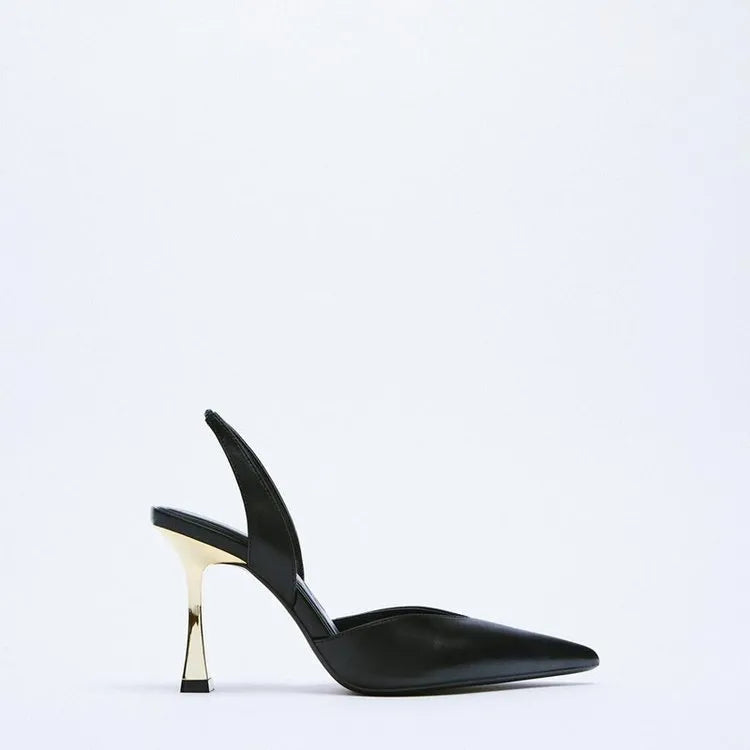 Patent leather pointed toe high heels in nude apricot colour with shallow mouth design