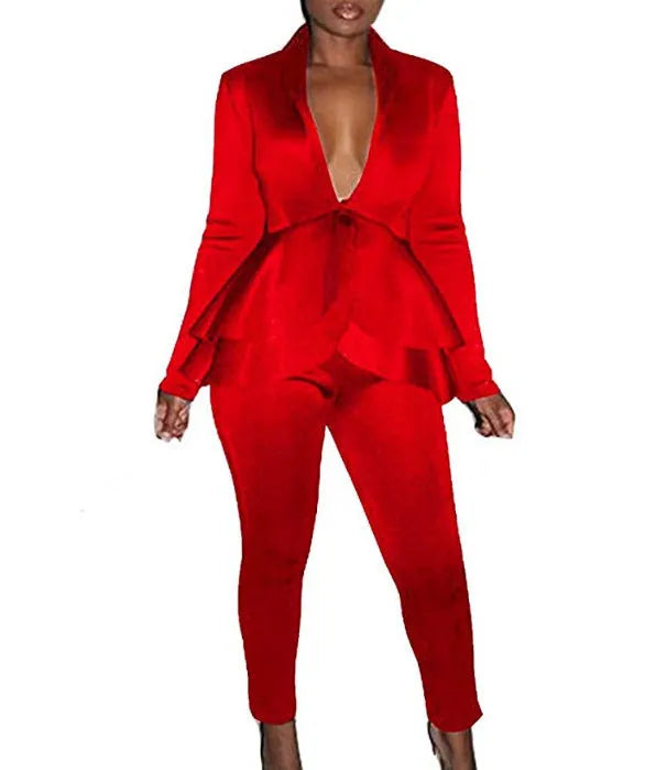 Women's white polyester business casual uniform set with ruffle blouse and pencil pants on a hanger.