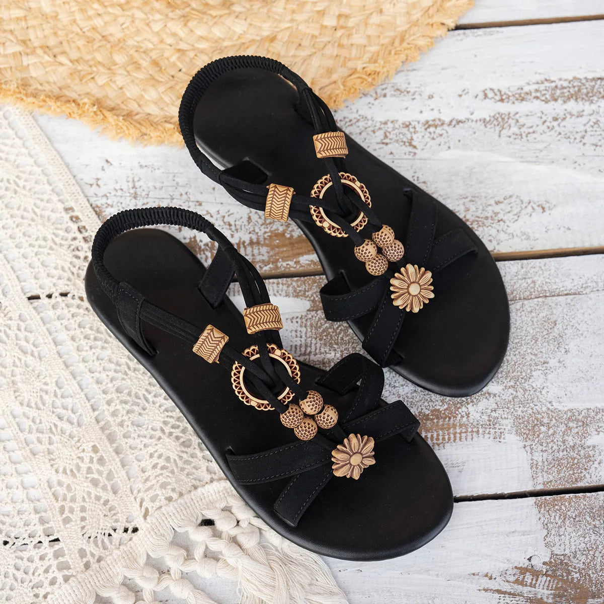Ethnic style black women's beach sandals with beaded weave decoration and elastic band
