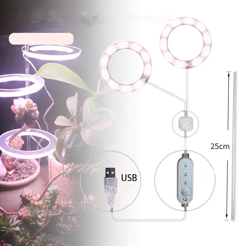 USB-powered LED plant grow light with full spectrum yellow LEDs, acrylic mounting stick, in pink/white colour.