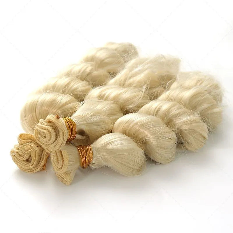 Golden straight synthetic hair weft wig for women shown in three length options.
