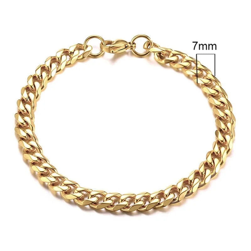 Six-sided geometric Cuban link metal bracelet in gold colour, shown in various widths.