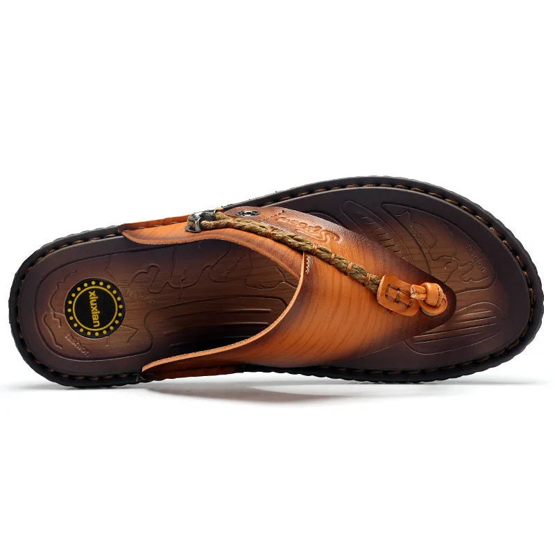 Men's plus size herringbone pattern outdoor slippers in dark blue and khaki with leather lining