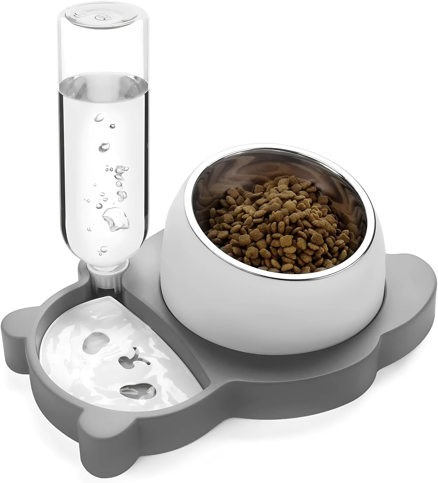 Grey elevated pet feeder with tilted stainless steel bowls and a panda-shaped automatic water bottle for cats and small dogs.