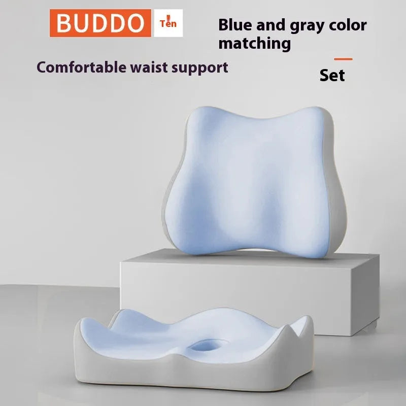Memory foam waist rest seat cushion for office chairs shown in blue and grey colour combination
