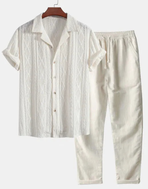 Linen polyester casual suit set with digital camouflage print, showing short sleeve shirt and trousers in slim fit