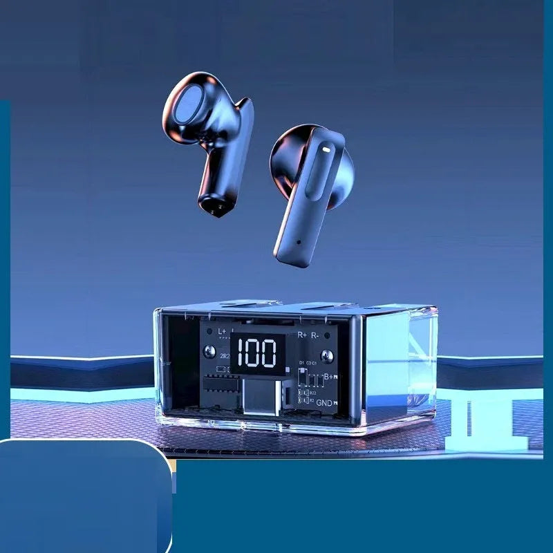 True wireless Bluetooth earphones with transparent space capsule charging case showing digital display screen