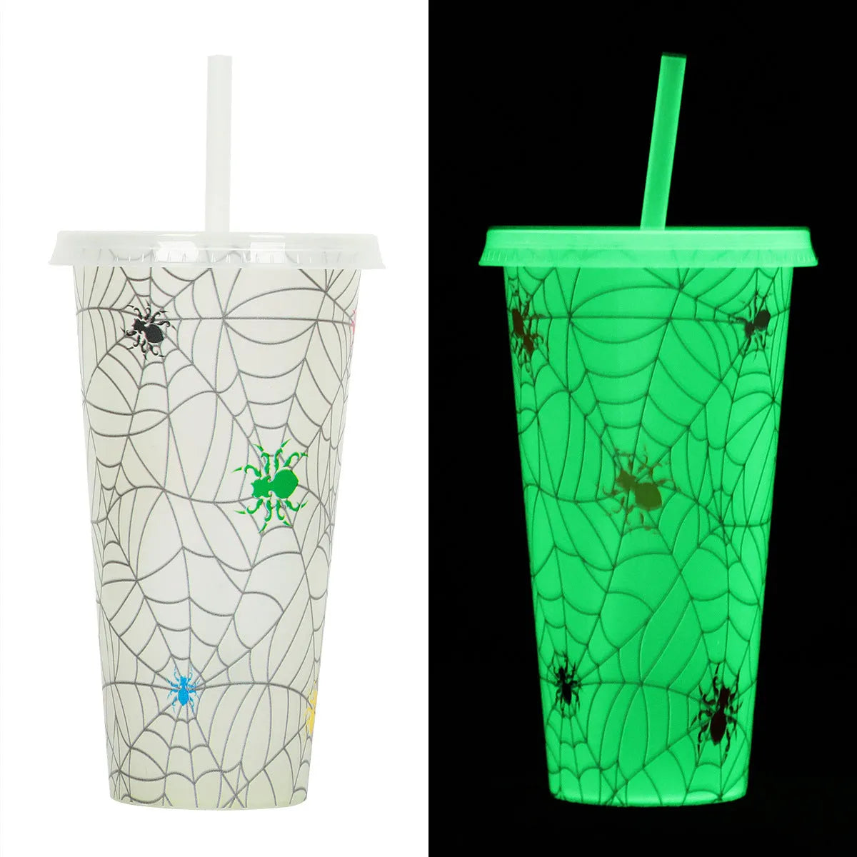 Halloween-themed plastic sippy cup with luminous straw showing six colour options