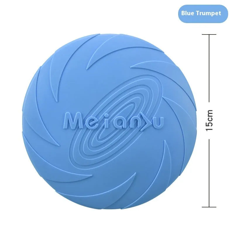 Soft rubber dog flying disc toy in blue colour suitable for outdoor fetch games and walking sessions