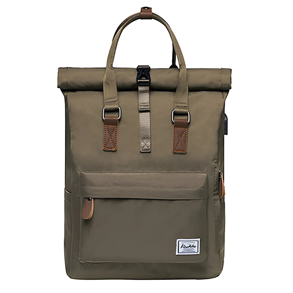 Casual black polyester backpack with cover opening showing internal computer pocket and zipper compartment