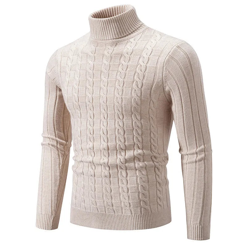 Man wearing a slim fit beige chenille turtleneck pullover sweater