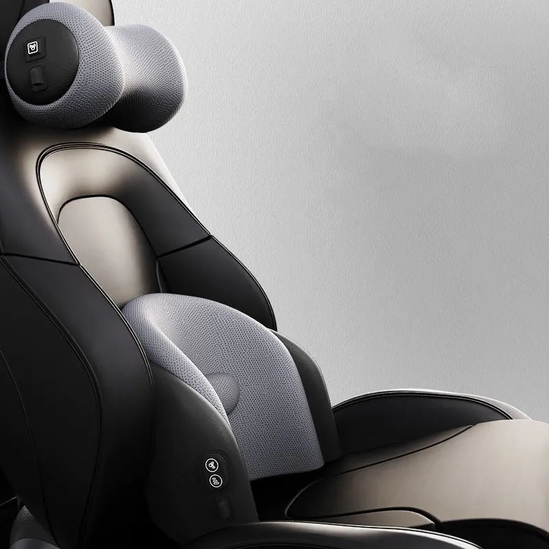Car seat electric massage cushion and headrest in memory foam, shown in grey colour.