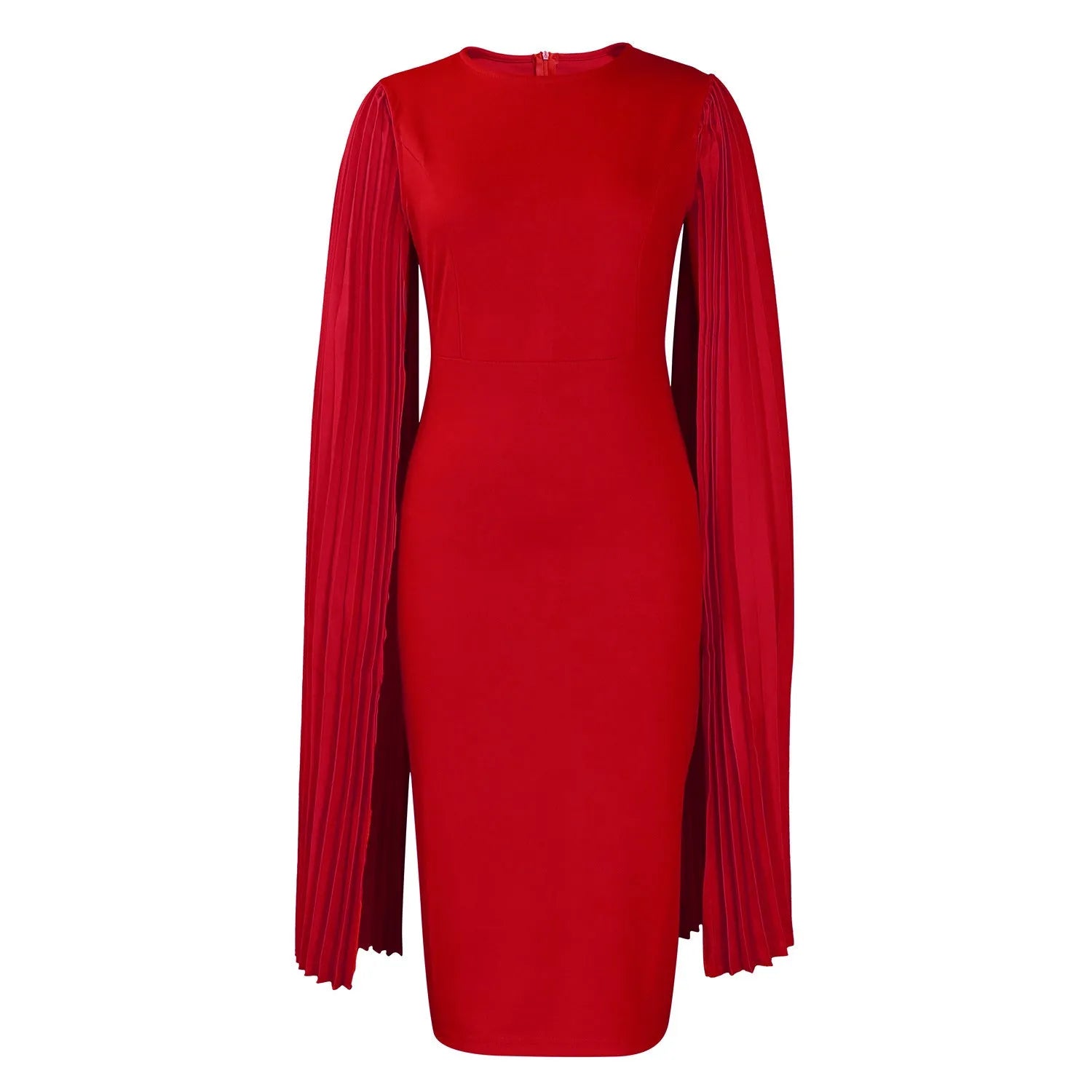 Long sleeve evening dress with pleated shawl detail in red, shown with high waist