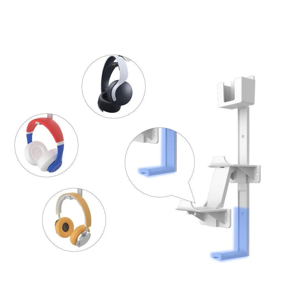 White wall-mounted hook holding PS5 controller and gaming headset