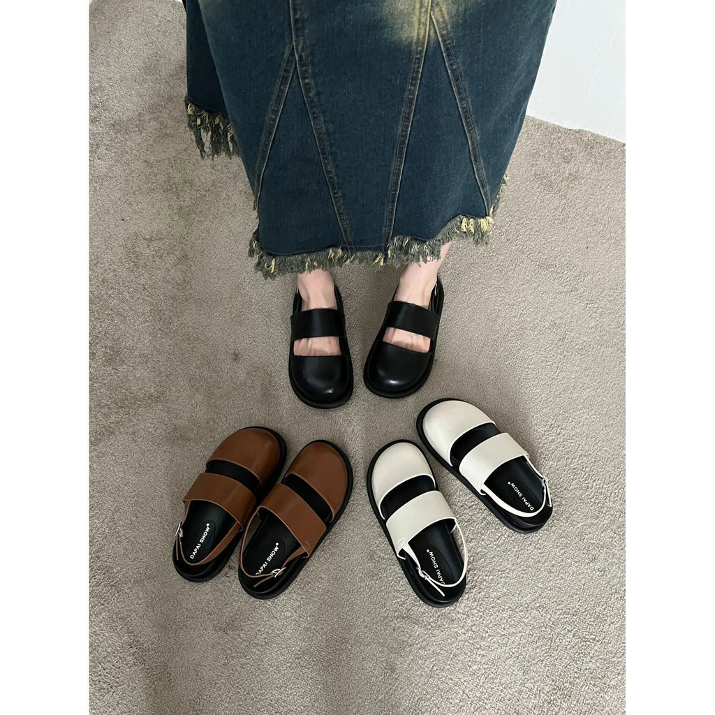 Retro women's sandals with ankle buckle strap in apricot colour