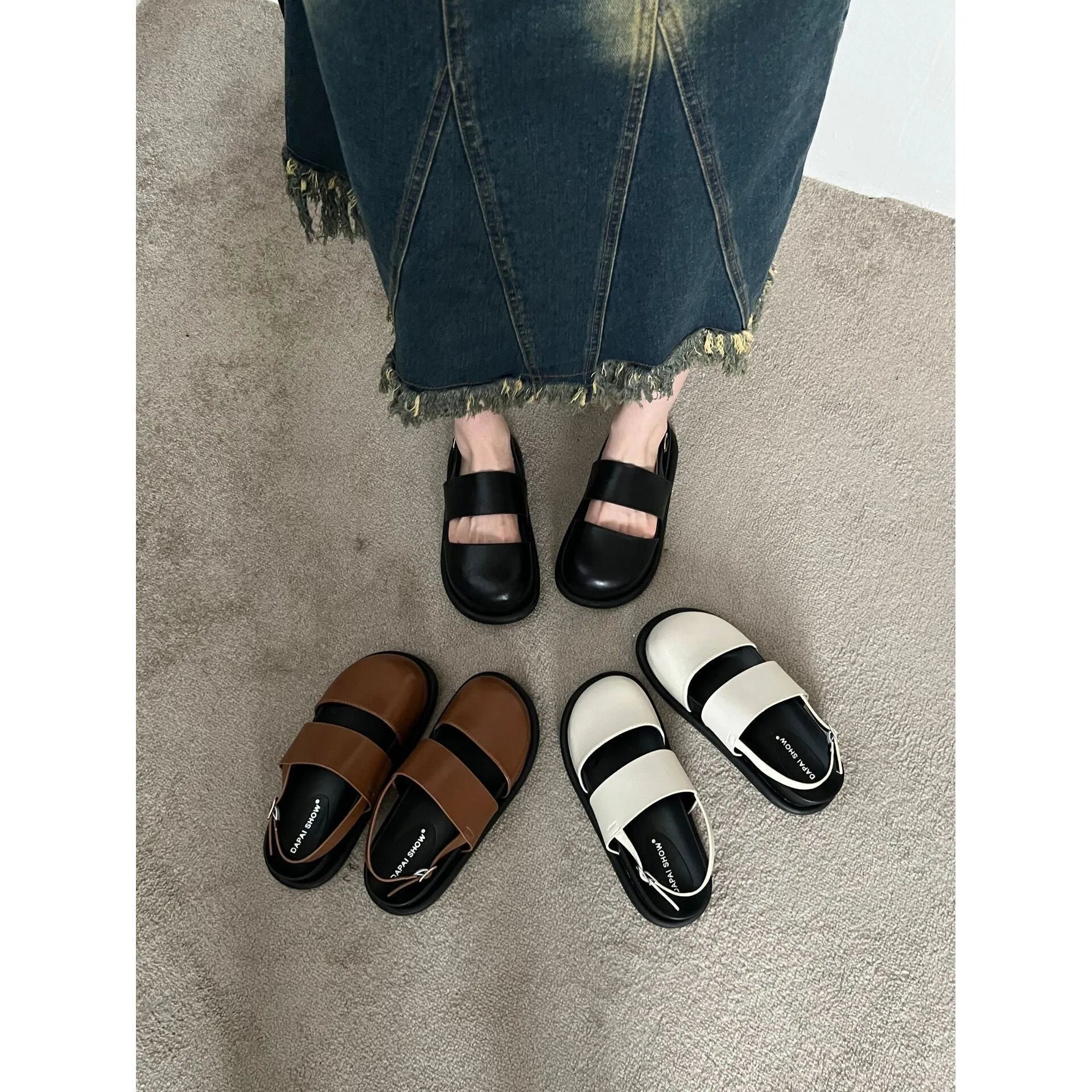Retro women's sandals with ankle buckle strap in apricot colour